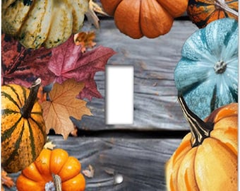 Pumpkin / Fall / Seasonal Switchplate Cover, This pumpkin switchplate features a variety of pumpkins and colorful fall leaves SP135
