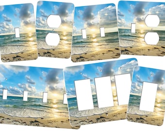 Beach Light Switch Cover featuring gorgeous coastal view of the ocean with a bright setting sun in the distance SS196