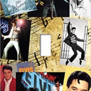 May include: A collage of images of Elvis Presley, featuring various photos of him in different poses and outfits. The background is a vintage-style music sheet with musical notes and a light brown color.
