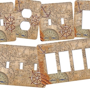 May include: Set of decorative light switch covers featuring a vintage nautical map design with anchors, compasses, and ship wheels. The covers are available in single, double, and triple switch configurations.