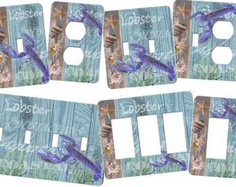 Lobster switchplate features a nice blue lobster image with cool blues and browns for a color scheme and a variety of sea shells.  SS202