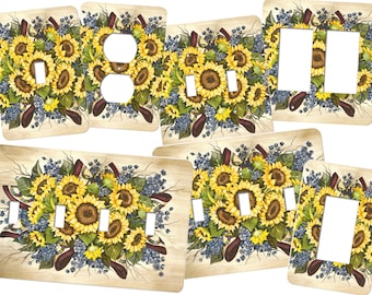 Sunflower Switch Plate Covers, blues, yellows, blues and yellows, flowers, country, quilts, quads, fours, four gang, four switches, FG96