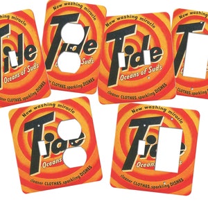 May include: Six vintage light switch covers featuring the Tide laundry detergent logo. The covers are yellow, orange, and red with black text that reads "New washing miracle Tide Oceans of Suds cleaner CLOTHES, sparkling DISHES".