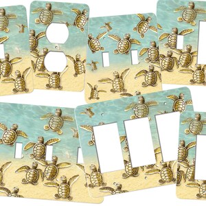 May include: A set of six light switch and outlet covers featuring a beach scene with sea turtles swimming in the ocean. The covers are made of durable plastic and are easy to install.