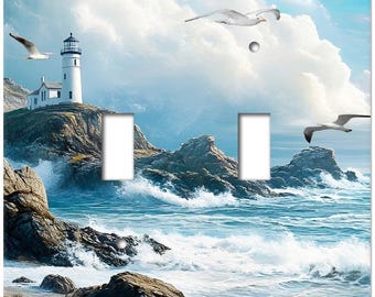 This lighthouse switchplate features a lighthouse on the rocks, sea gulls soaring and wave crashing. Available up to a quad SS210