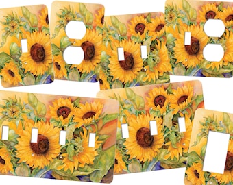 Sunflower Switch Plate Covers, sunflowers, sun flowers, yellows, flowers, country, quads, fours, four gang, four switches, FG284