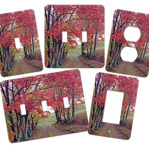 May include: Set of six light switch and outlet covers featuring a photograph of a path through a forest with red and yellow fall foliage.