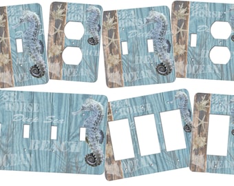 Seahorse switchplate features ocean colors with cool blues and browns.  Goes great with many beach or nautical themes SS199