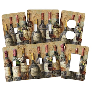 May include: Decorative light switch covers featuring a wine theme. The covers display images of wine bottles, glasses of red wine, and a vintage-style background. The color palette includes shades of brown, red, and gold.