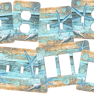 Seashells Switch Plate Cover, Wall Plate, Light Switch, Starfish, Seashells, Ocean, Nautical, Weathered Wood, Quads, Four Gang, SS198