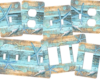 Seashells Switch Plate Cover, Wall Plate, Light Switch, Starfish, Seashells, Ocean, Nautical, Weathered Wood, Quads, Four Gang, SS198