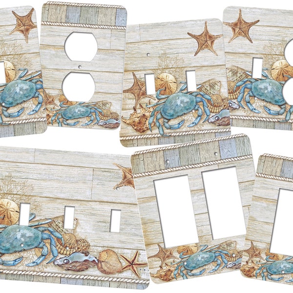 Seashell Switchplates, This switchplate cover features a variety of seashells, starfish and blue crab.  Available up to four gang/quad SS195