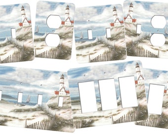 This light switch cover features a Cape Cod style lighthouse with large sand dunes and sea grasses!  Available as a four gang cover  SS54