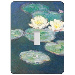 May include: A light switch cover featuring a painting of water lilies in a pond. The painting is in a style reminiscent of Impressionism, with soft brushstrokes and a focus on light and color. The water lilies are white and have green leaves. The background is a soft blue.