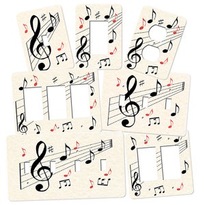 May include: Set of six light switch and outlet covers featuring a musical treble clef and musical notes on a beige background. The covers are designed to fit standard light switches and outlets.