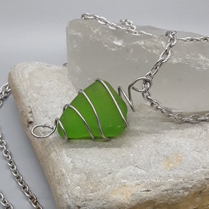 Handmade green sea glass pendant on 11&quot; chain link necklace