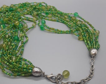 Collier Ancien Vintage 2 Rangs Perles Verre Vert Bohême - Bijou Rétro, Occasion