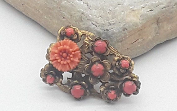 Vintage brass & coral stone dress clip - image 3