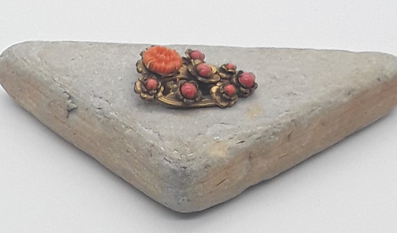 Vintage brass & coral stone dress clip - image 2