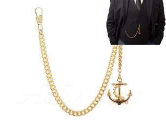Cadena de reloj de bolsillo Albert de un solo color dorado nuevo con colgante de ancla 002-G