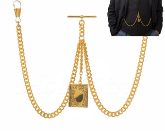 May include: Gold pocket watch chain with a decorative locket. The chain has a T-bar and a swivel clasp. The locket has an oval design.