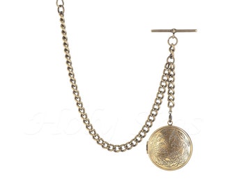 May include: A gold-toned pocket watch chain with a decorative fob. The chain is made of linked metal rings and has a t-bar clasp. The fob is round and features an engraved design.