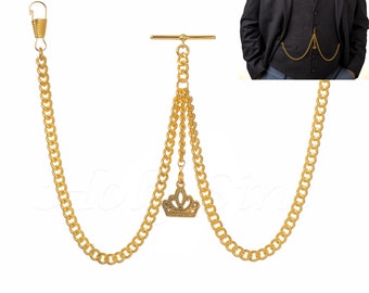 Cadena de reloj de bolsillo doble Albert de color oro nuevo con colgante de corona 010-G