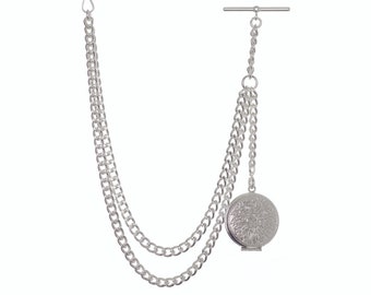 New Sterling Silver Color Single Albert Pocket Watch Chain With Locket