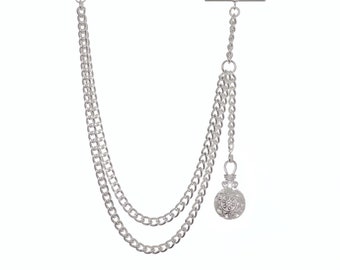 New Sterling Silver Color Single Albert Pocket Watch Chain With Hollow Pendant