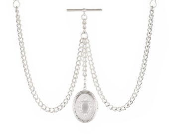 New Sterling Silver Color Double Albert Pocket Watch Chain with Locket Pendant