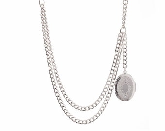 New Sterling Silver Color Single Albert Pocket Watch Chain With Locket Pendant