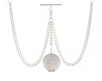 New Sterling Silver Color Double Albert Pocket Watch Chain with Locket Pendant
