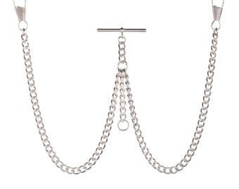 May include: A silver pocket watch chain with a T-bar and two swivel clips.