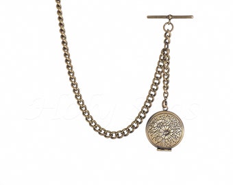 Corrente de relógio de bolso Albert de bronze artesanal com pingente de medalhão 030-B