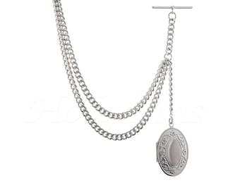 May include: A silver pocket watch chain with a decorative oval locket. The chain has a double strand and a T-bar clasp.