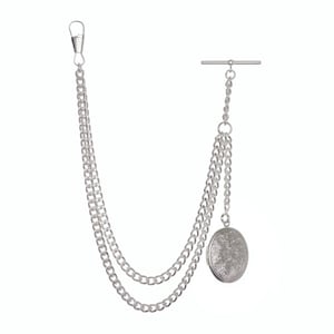 New Sterling Silver Color Single Albert Pocket Watch Chain With Locket