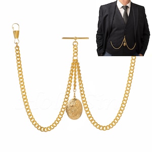 New Gold  Colour Double Albert Pocket Watch Chain With Locket Pendant 013-G