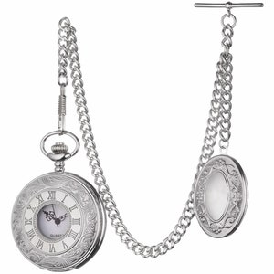 Antique Design Silver Colour Quartz Pocket Watch With Albert  Chain