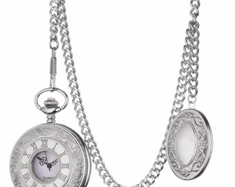 Antique Design Silver Colour Quartz Pocket Watch With Albert  Chain