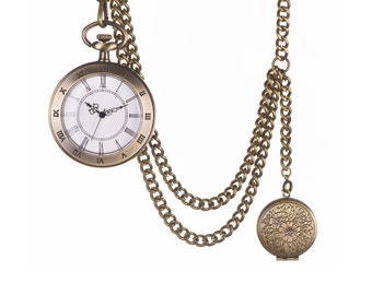 Antiek design bronzen quartz zakhorloge met Albert zakketting