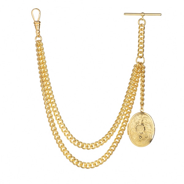 Gold Albert Pocket Watch Chain with T-Bar & Locket – Victorian Double Chain for Waistcoat – Vintage Gentleman Gift A-0006-G