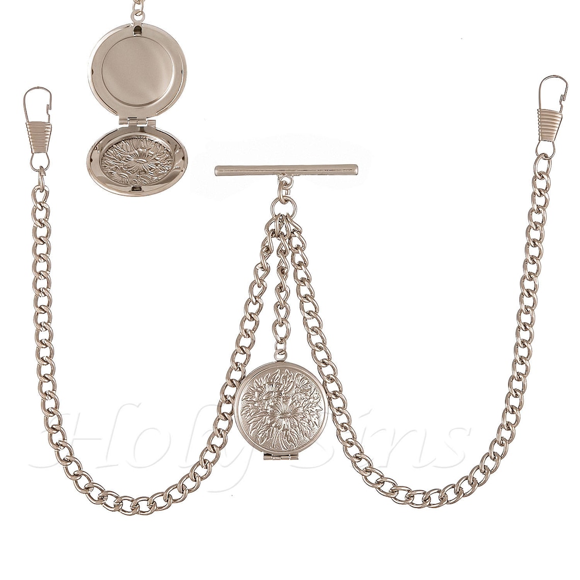 Double Albert Silver Colour Pocket Watch Fob Chain With Locket 010 ...