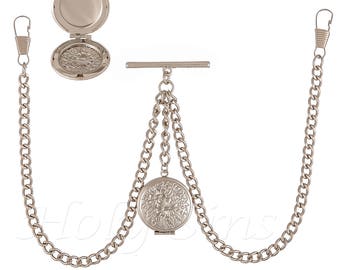 Double Albert Silver Colour Pocket Watch Fob Chain With  Locket 010