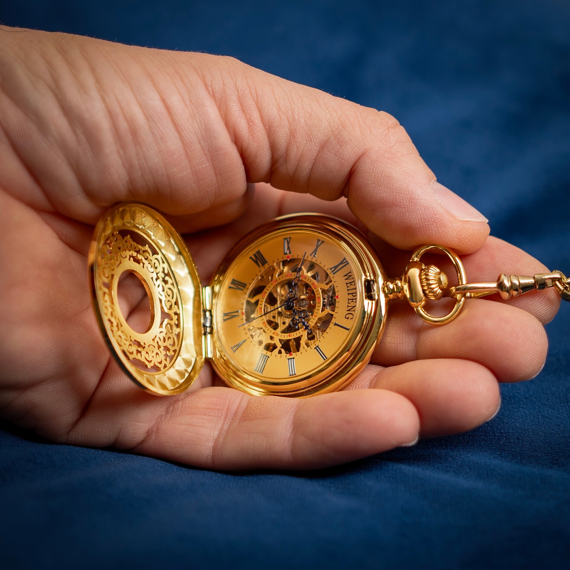 Antique Design Gold Colour Mechaincal Pocket Watch With Albert