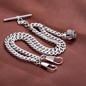 Peaky Blinders Double Albert Silver Colour Pocket Watch Fob Chain With   Crown Pendant