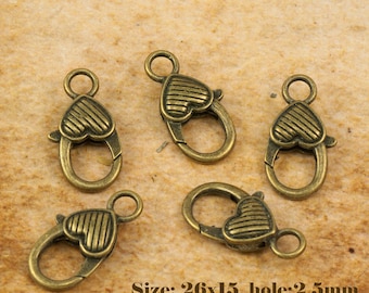 5pcs 26x15mm Antique Vintage Style Bronze Heart Lobster Clasps 009