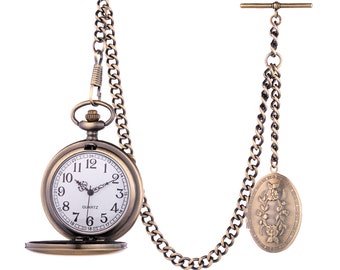 Montre de poche à quartz antique de couleur bronze avec chaîne Albert Fob