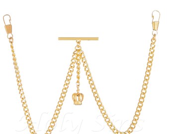 Double Albert Gold Colour Pocket Watch Fob Chain with Crown Pendant 036