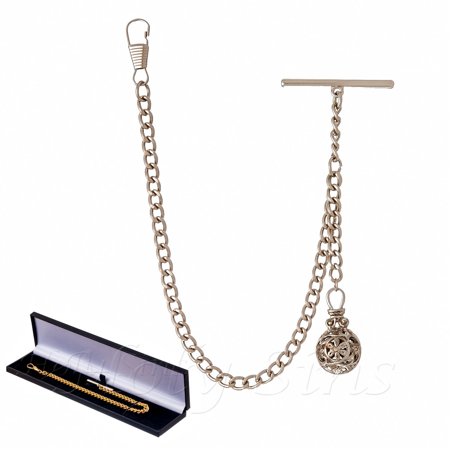 Silver Colour Single Albert Pocket Watch Chain With Pendant 001