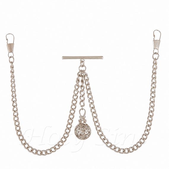 Double Albert Silver Colour Pocket Watch Fob Chain With Pendant